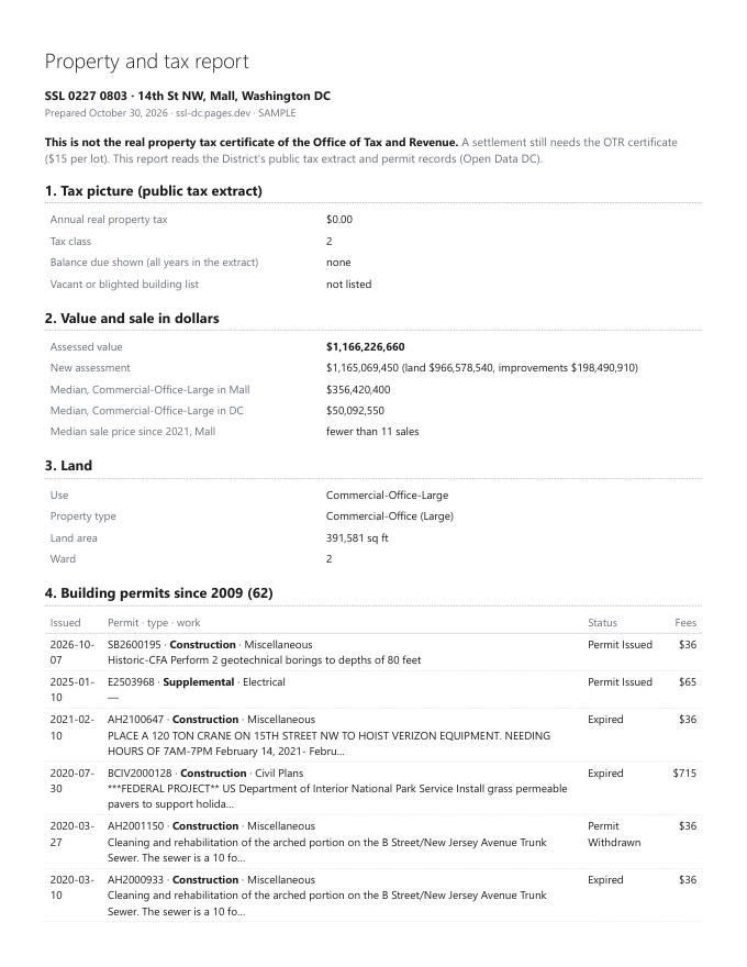 First page of the sample property and tax report